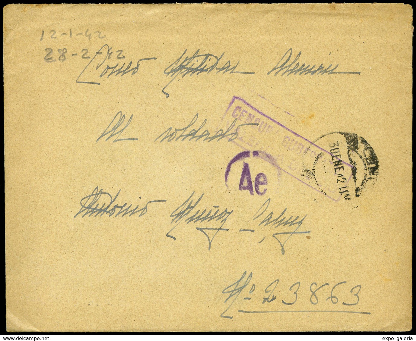 1018 1942. Carta De Valencia Al Frente Ruso. (Muy Raras Las Cartas Cdas Al Frente). Marca “Ae”. Preciosa Y Rara - Covers & Documents