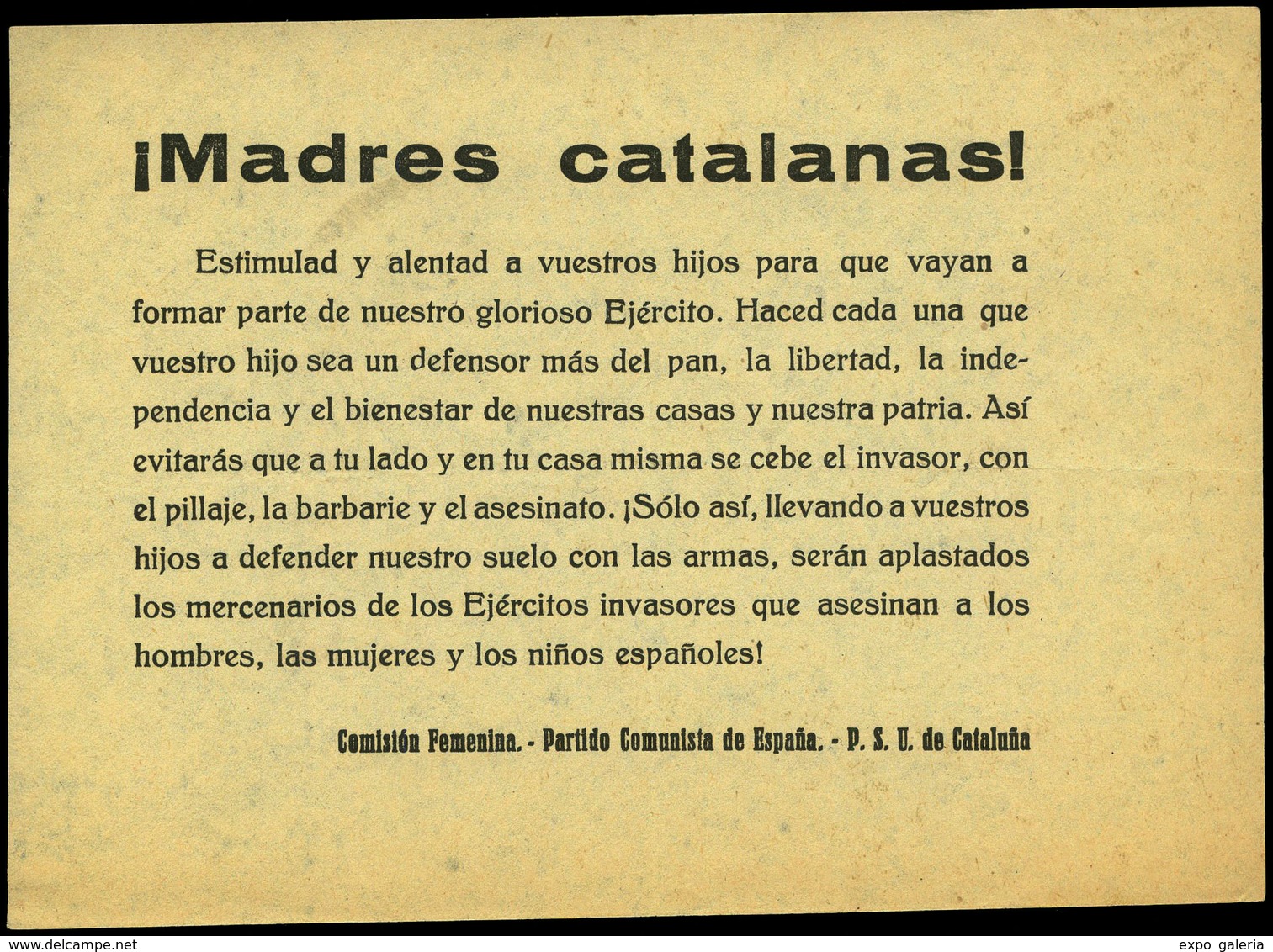 1024 1937. Folleto Parido Comunista España. P.S.U. De Cataluña. “Comisión Femenina Madres Catalans Estimulad Y Alentad A - Lettres & Documents
