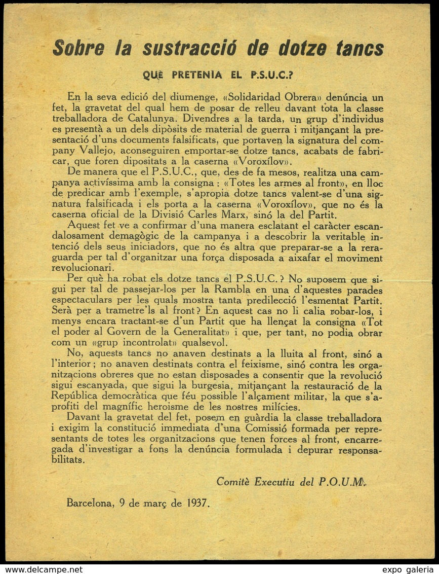 1027 1937. “Sobre La Sustracción De Dotze Tancs.....” POUM. Interesante - Lettres & Documents