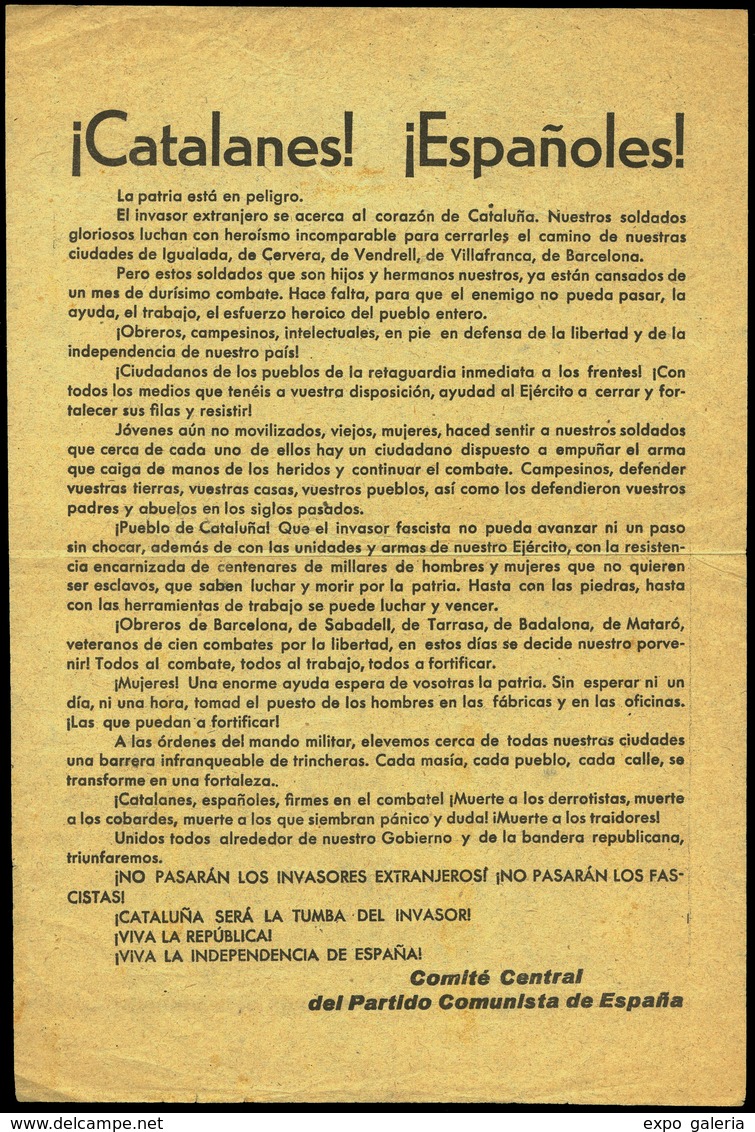 1029 1938. Partido Comunista De España. “Catalanes¡¡ Españoles ¡¡ La Patria Está En Peligro.El Invasor Extranjero....... - Lettres & Documents