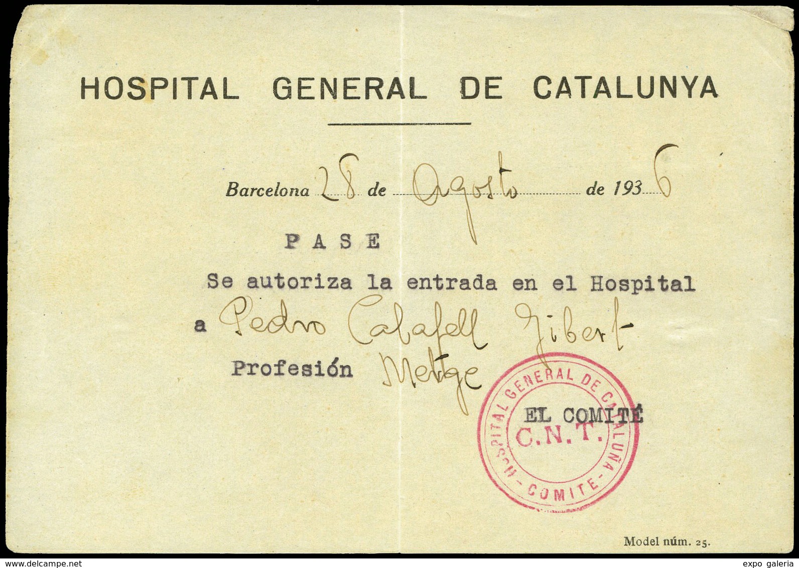 1033 1936. “Hospital General De Catalunya” Pase De Entrada Al Hospital. - Covers & Documents