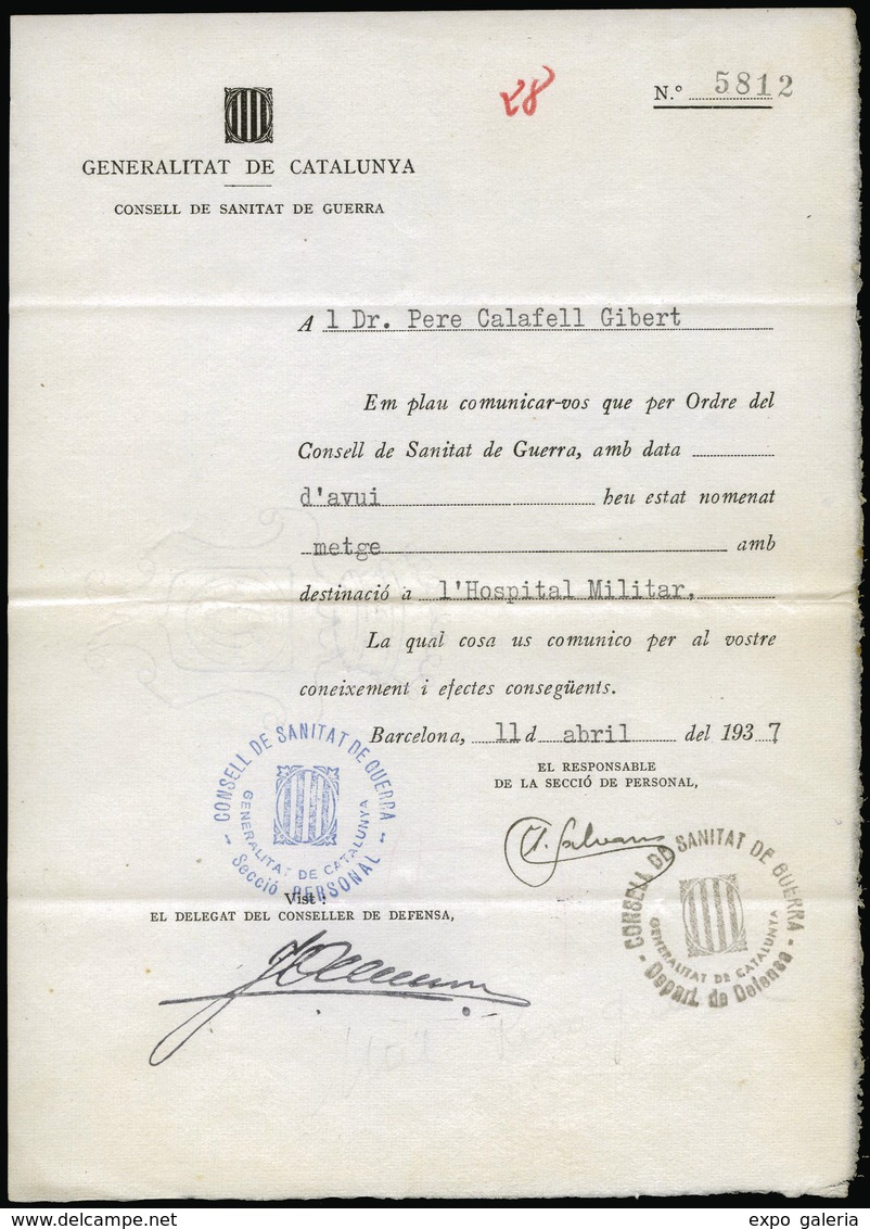 1034 1937. Hoja “Generalitat De Catalunya. Consell De Sanitat De Guerra” Nombramiento De Un Médico. - Covers & Documents