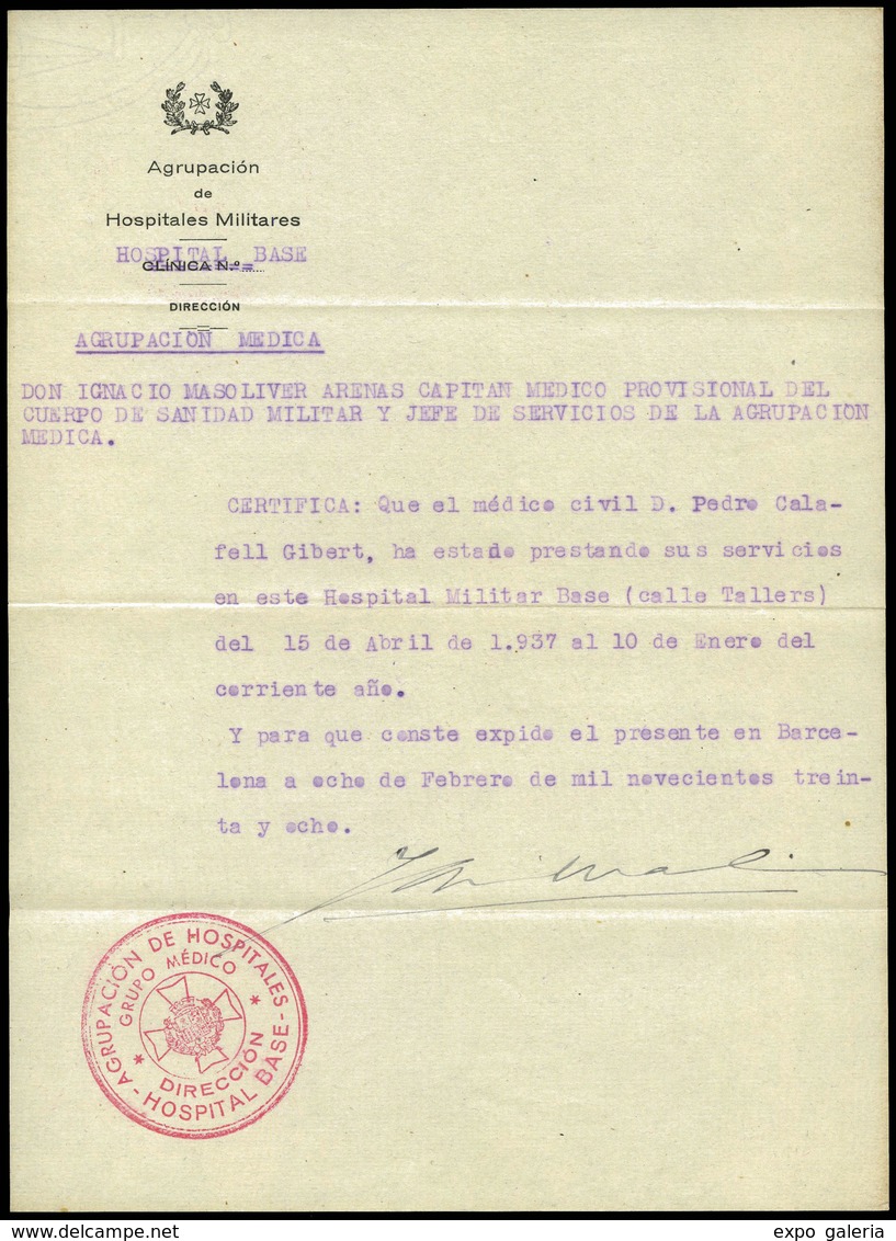 1044 1937. Hoja “Agrupación De Hospitales Militares” Hoja De Presentación En Hospital. - Covers & Documents