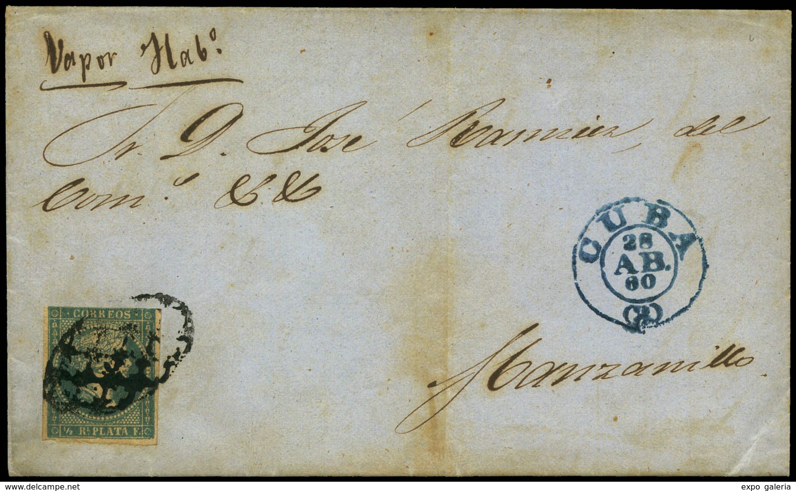 1058 Ed. Ant.7 - Carta Cda Con Mat. Cuadrado Y Fechador Azul “Cuba 28/04/60” A Manzanillo, Y Manuscrito “Vapor Habº.” Lu - Cuba (1874-1898)