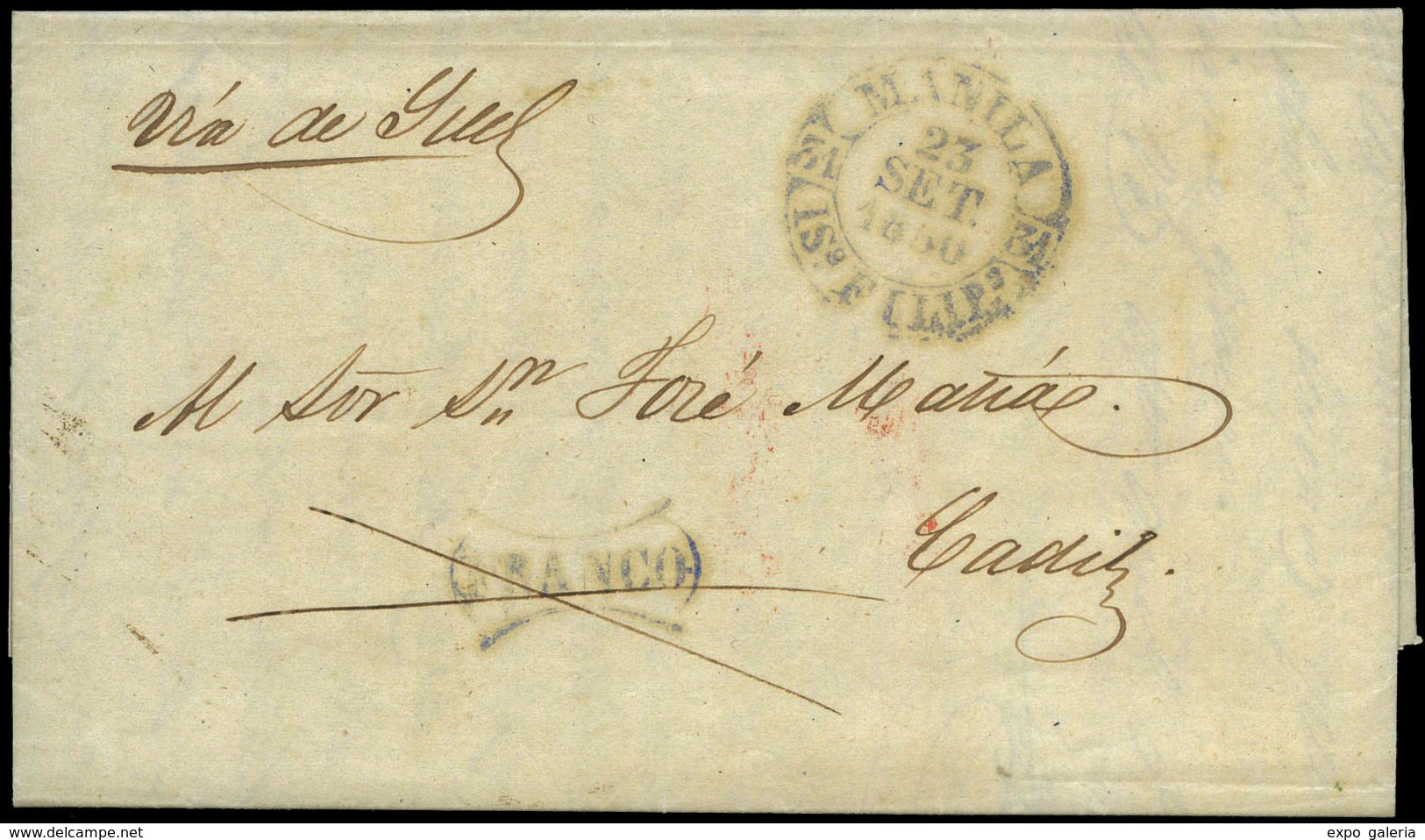 1077 1850. Carta Cda De Manila A Cádiz (via Suez) Con Baeza “Manila” + Marca “Franco” En Color Azul. Lujo 23/Set/1850 - Philippines