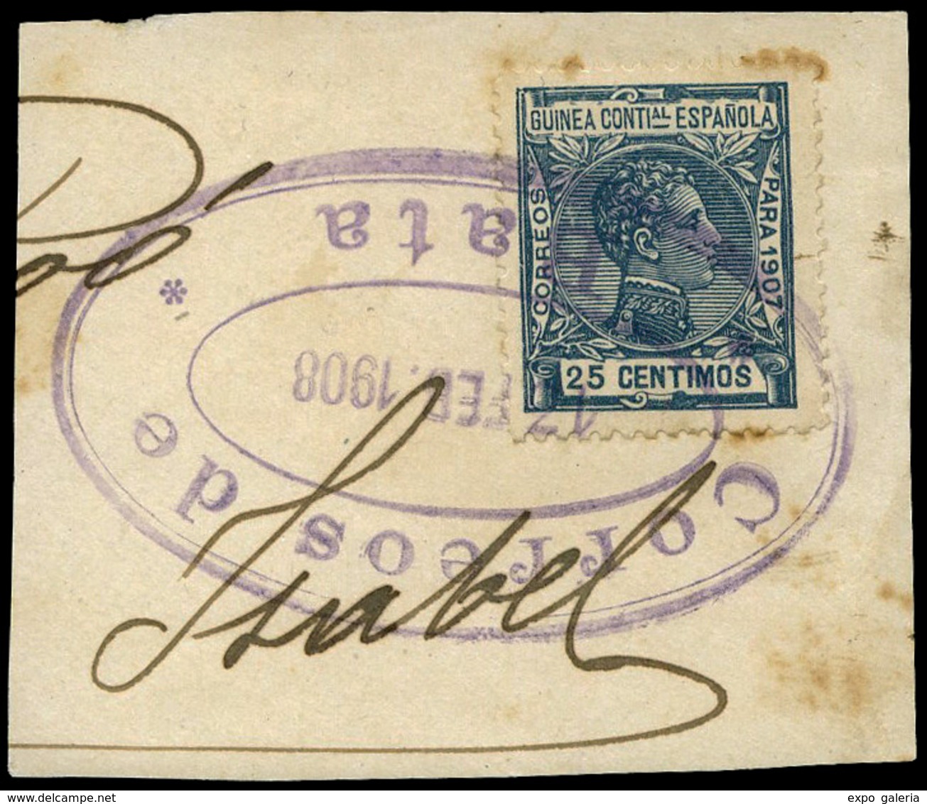 1088 Ed. 50 - 1907. Fragmento Con Marca Ovalada “Correos-Bata 17/Feb/1808” Gran Rareza. Lujo. Certif. GRAUS - Spanish Guinea