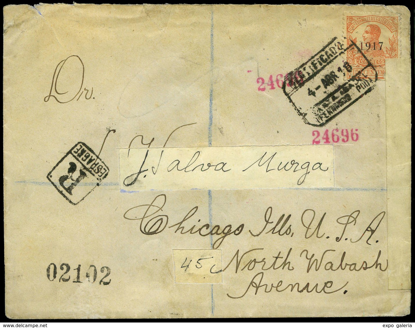 1092 Ed. 120 - 1918. Carta Cda, Correo Certificado De Sta. Isabel A EEUU. Diversos Tránsitos Y Censuras. - Spanish Guinea