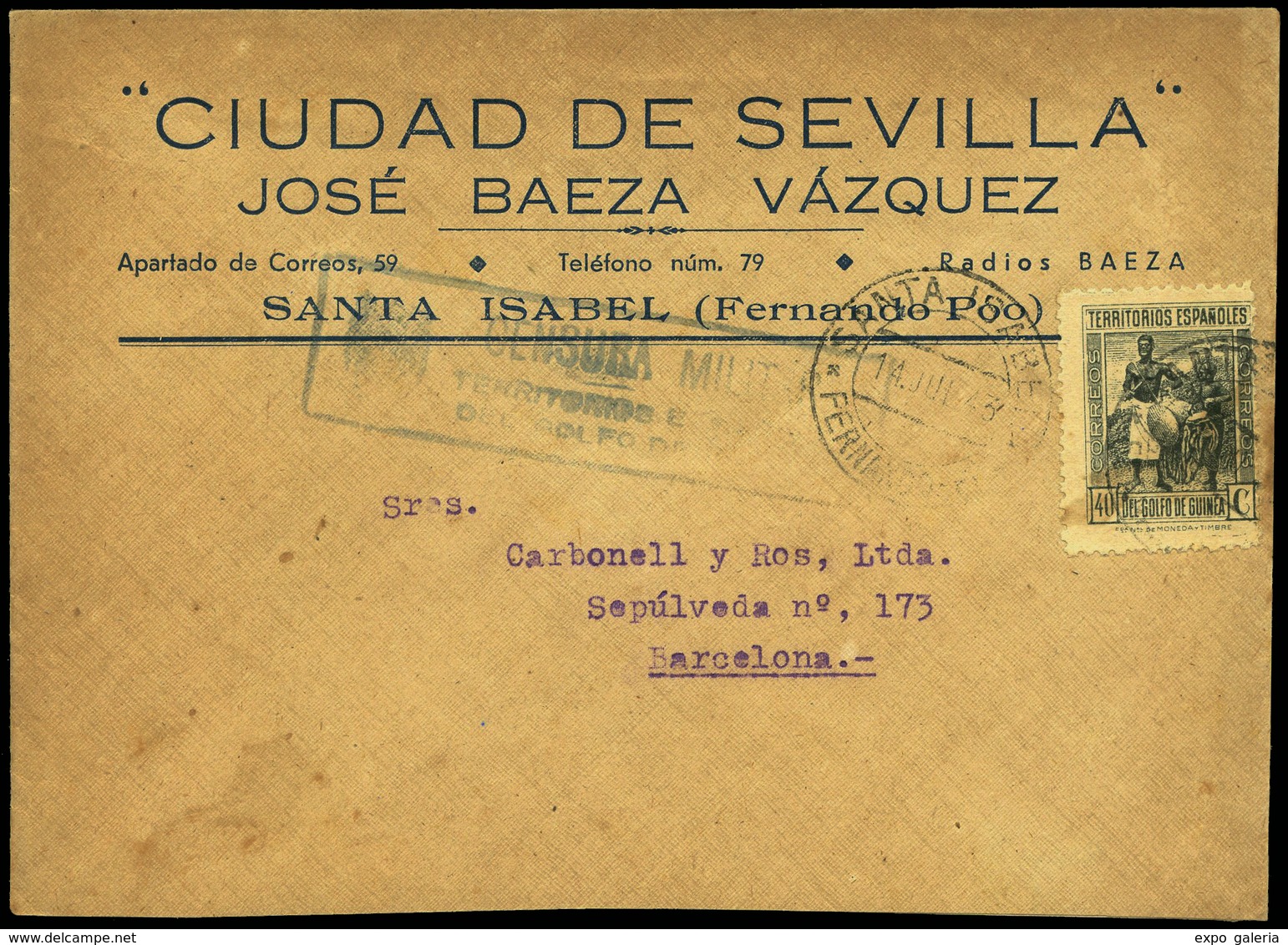 1106 Ed. 266 - Cda De “Santa Isabel 14/07/43” A Barcelona Con Publicidad De “Radios Baeza” “Ciudad De Sevilla” - Guinée Espagnole