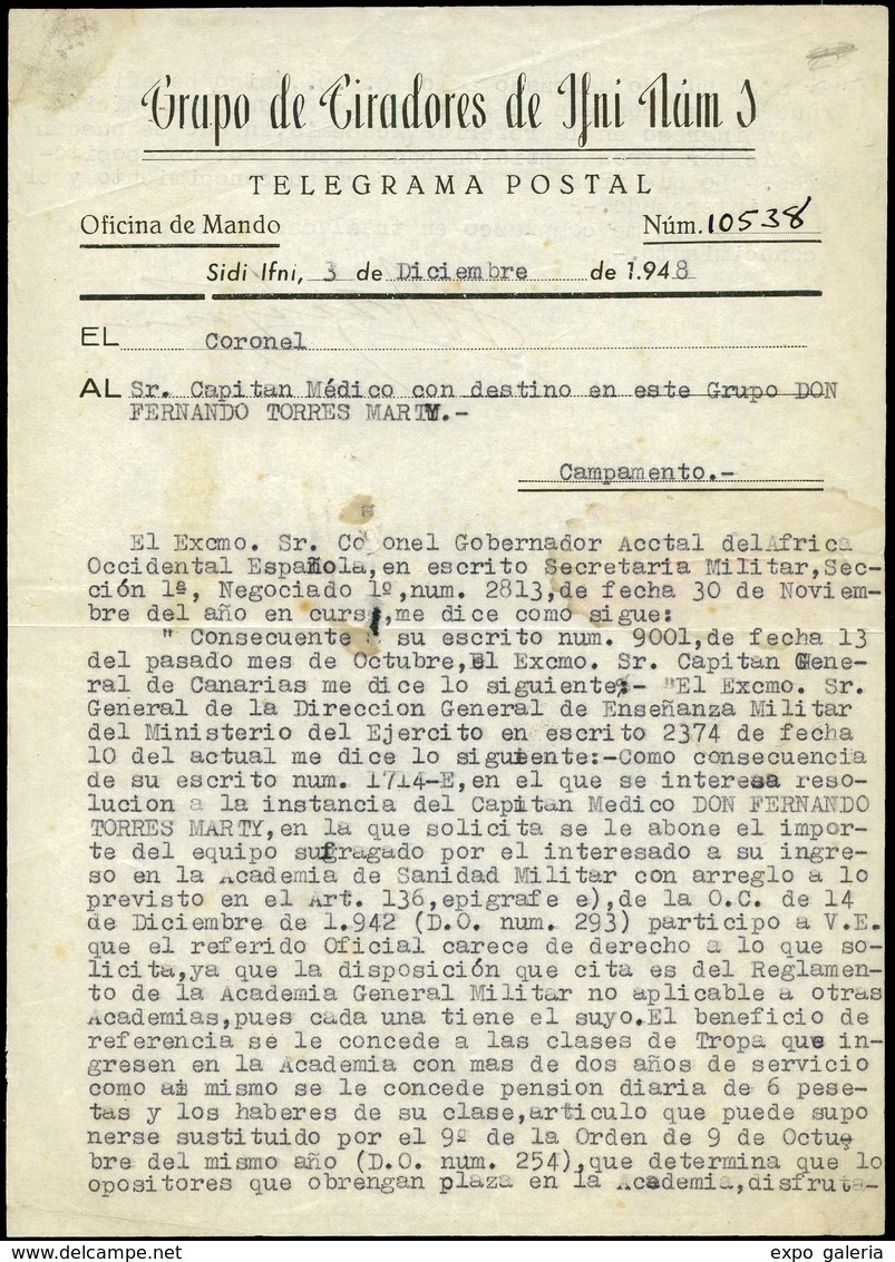 1113 1948. Telegrama Postal. “Grupo Tiradores Ifni Nº 1” 3/12/48. Raro - Ifni