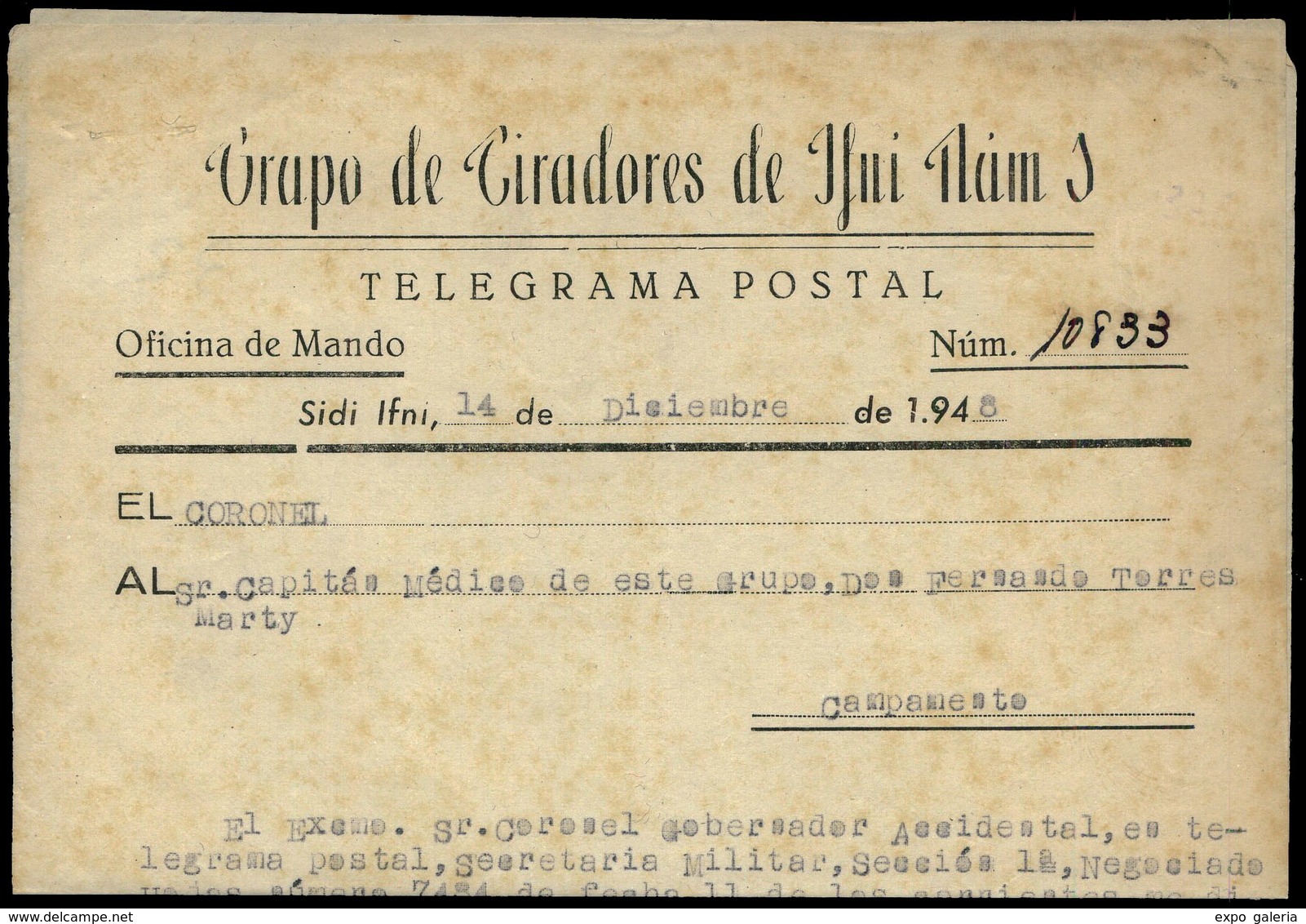 1114 1948. Telegrama Postal. “Grupo Tiradores Ifni Nº 1” 14/12/48. Raro - Ifni