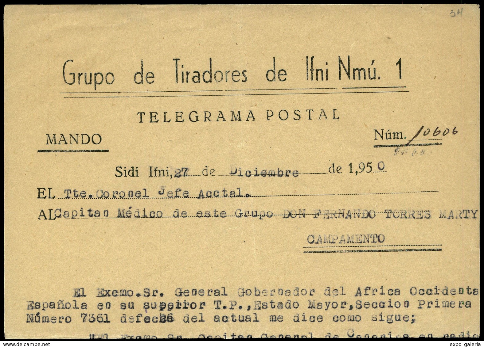 1115 1950. Telegrama Postal. “Grupo Tiradores Ifni Nº 1” 27/12/50. Lujo - Ifni