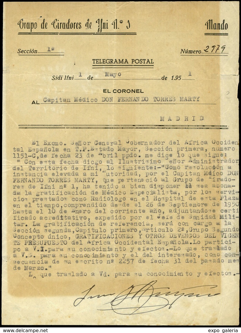 1116 1951. Telegrama Postal. “Grupo Tiradores Ifni Nº 1” 1/Mayo/51. Lujo - Ifni