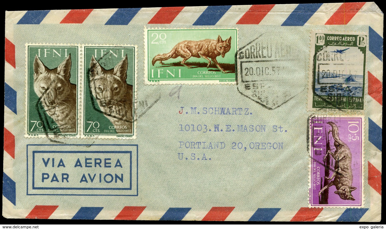 1124 Ed. 32+140+141+139 - Carta Cda Correo Aereo De Sidi Ifni A Oregón (EEUU) 20/12/57. Escasa Pieza - Ifni