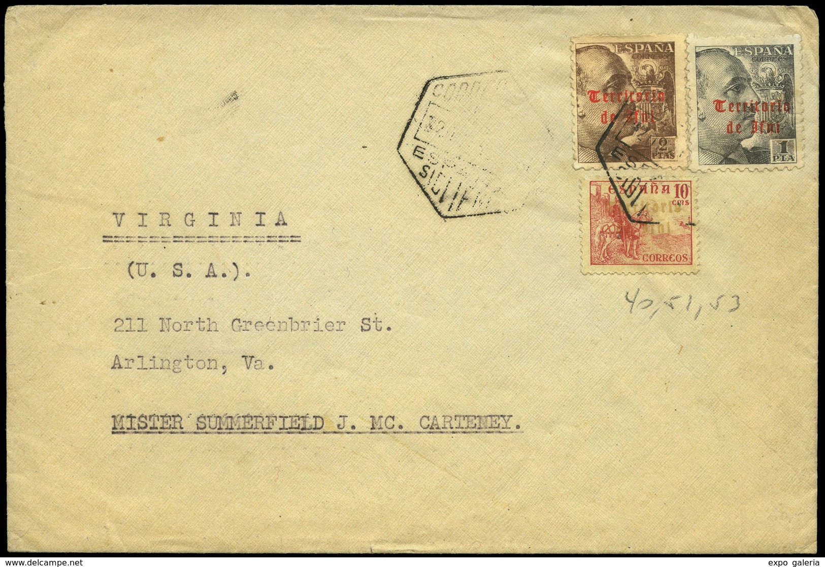 1127 Ed. 40-51-53 	“Correo Aereo España-Sidi Ifni 20/Jun/49” A USA. Interesante - Ifni