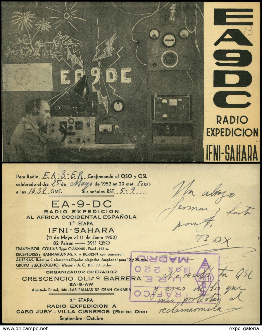 1130 Tarjeta Radioaficionado “EA-9-DC Ifni-Sahara” 25/5/1952. Diversas Marcas - Ifni