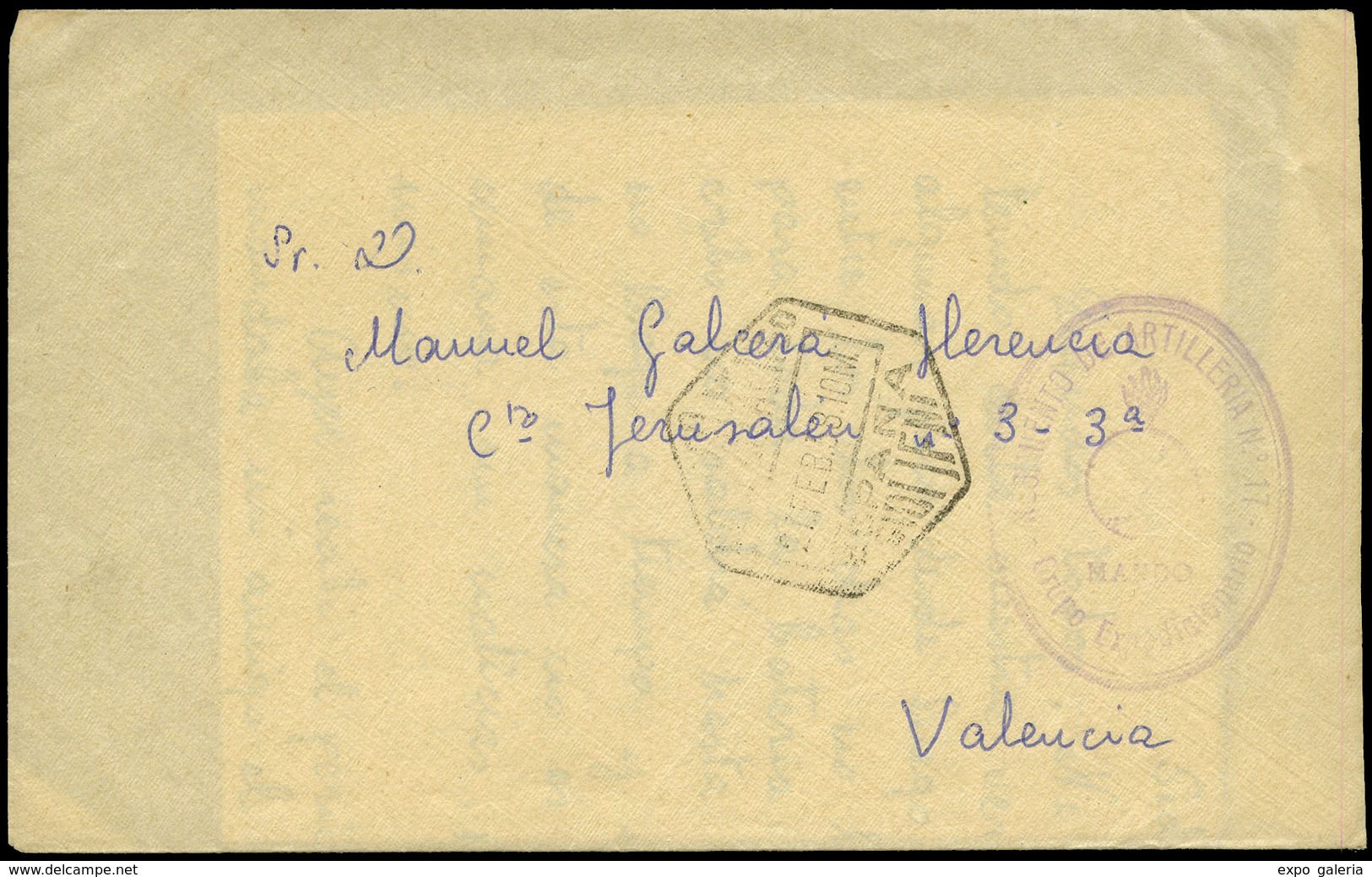 1132 Guerra Ifni 1957/58. Carta Cda Correo Aereo De Sidi Ifni A Valencia, Con Marca Franquicia Regimiento De Artilleria  - Ifni