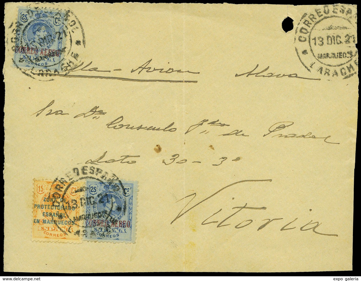 1138 Ed. 61+España 294(2) - 1921. Frontal De Carta Cdo Correo Aereo De Larache A Vitoria - Maroc Espagnol