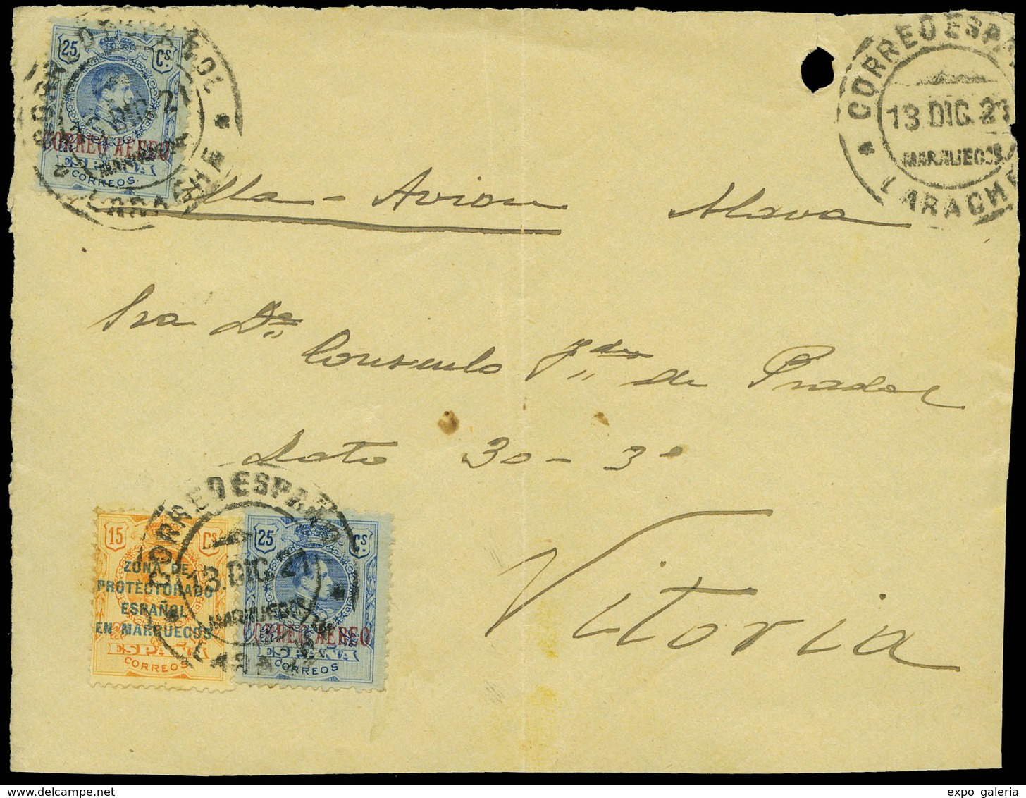 1138 Ed. 61+España 294(2) - 1921. Frontal De Carta Cdo Correo Aereo De Larache A Vitoria - Spanish Morocco