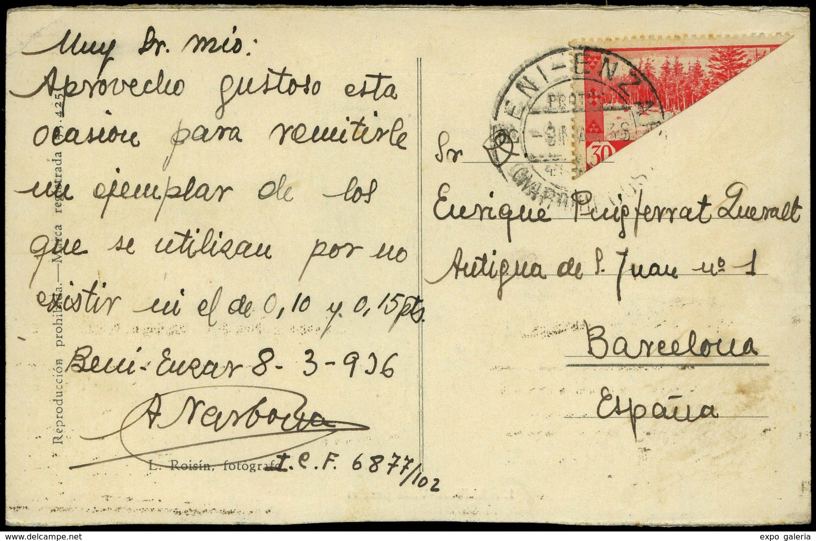 1145 Ed. T 153	1936. Tarjeta Cda De Beni-Enzar A Barcelona Con 30cts. Rojo Bisectado - Maroc Espagnol