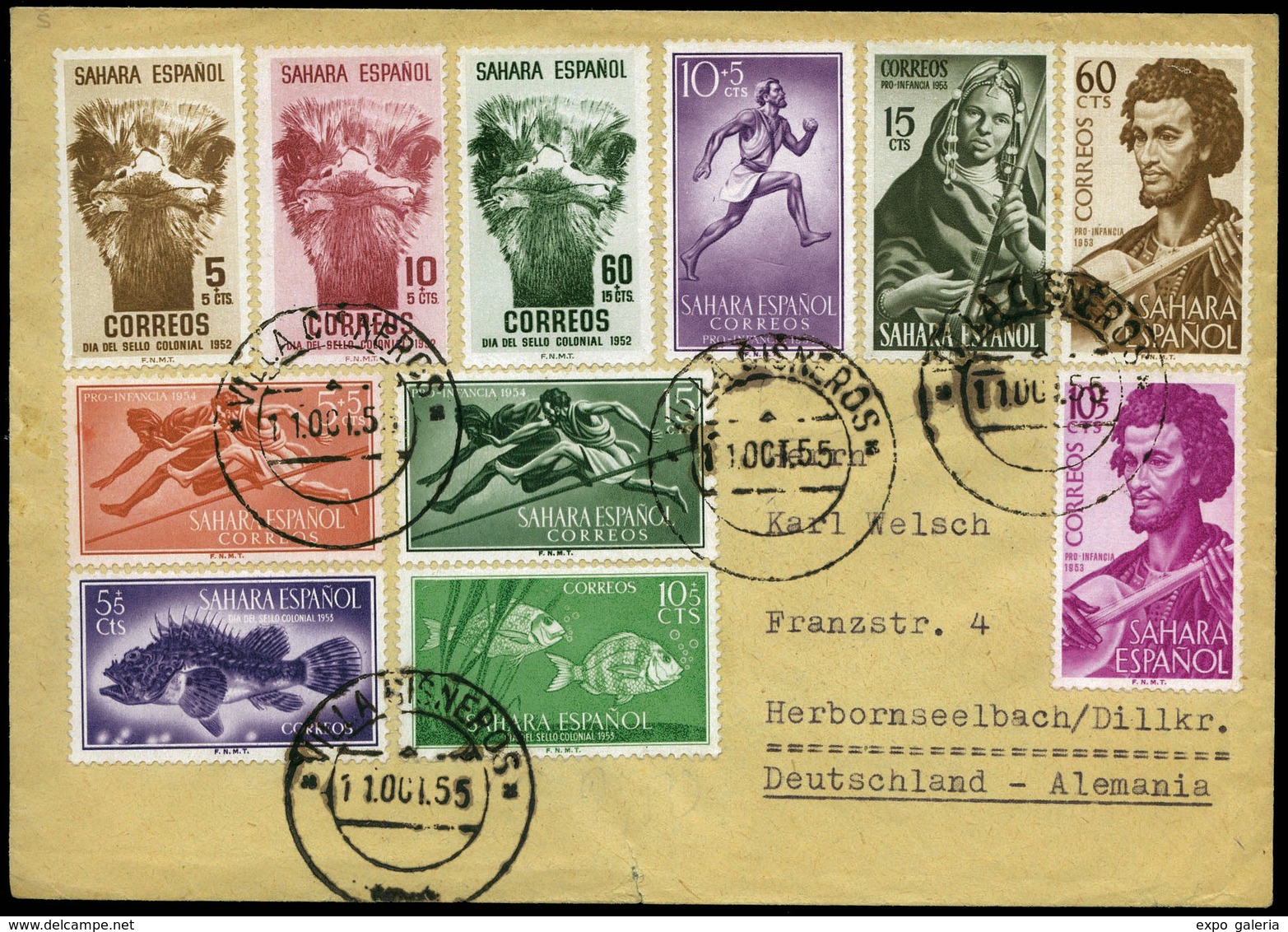 1169 Ed. 98/100+116+117+… - 1955. Carta Cda De Villacisneros A Alemania (11 Sellos)Raro Franqueo - Sahara Spagnolo