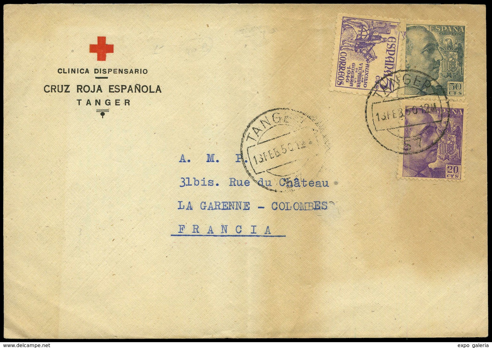 1190 Tanger - Ed. España 1062+1053+1047 - Carta Cda Con Membrete Ilustrado “Clínica Cruz Roja Española. Tánger” - Spanish Morocco