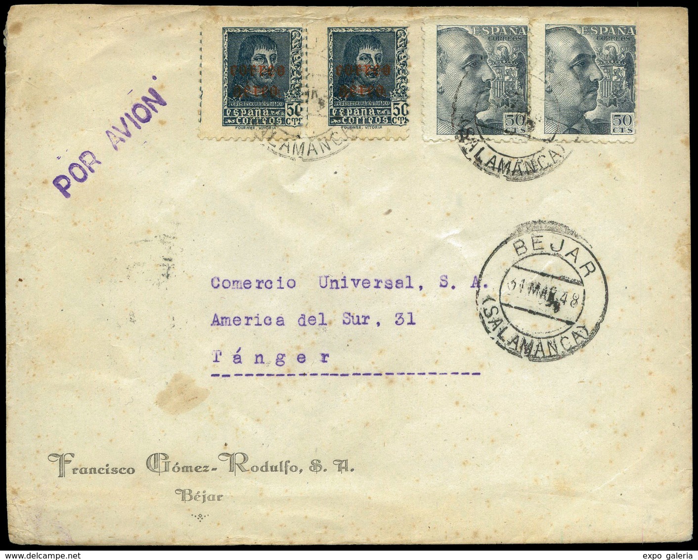 1195 Tanger - Ed. 1948. Cda Correo Aereo, De Bejar A Tánger (al Dorso Tránsito Mat. Ambulante Y Correo Aereo). Escasa - Maroc Espagnol