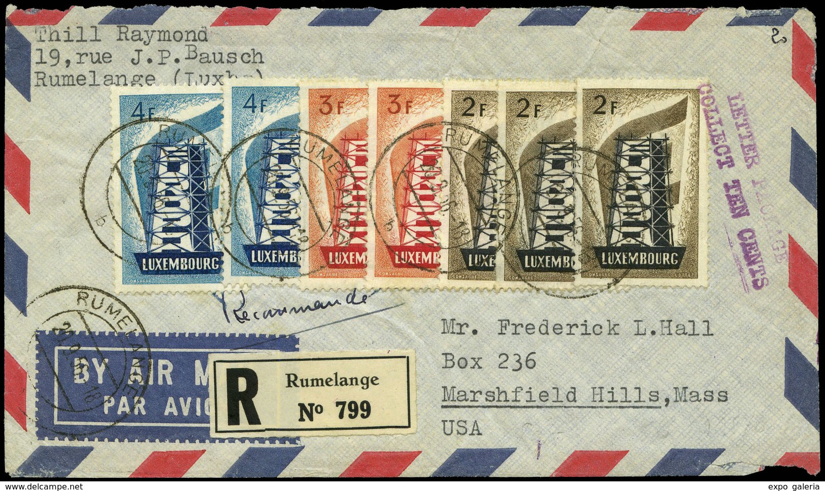 1236 Luxemburgo - Ed. 514(2)+515(2)+516(3) 1956. Carta Certificada Desde Rumelange A USA - Autres & Non Classés