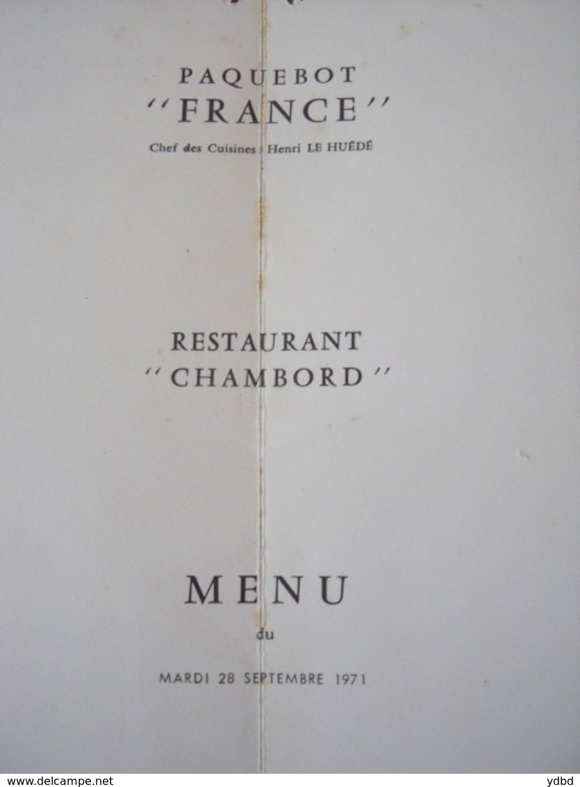 MENU =  PAQUEBOT  FRANCE  =  MENU DU MARDI 28 SEPTEMBRE 1971 - Otros & Sin Clasificación