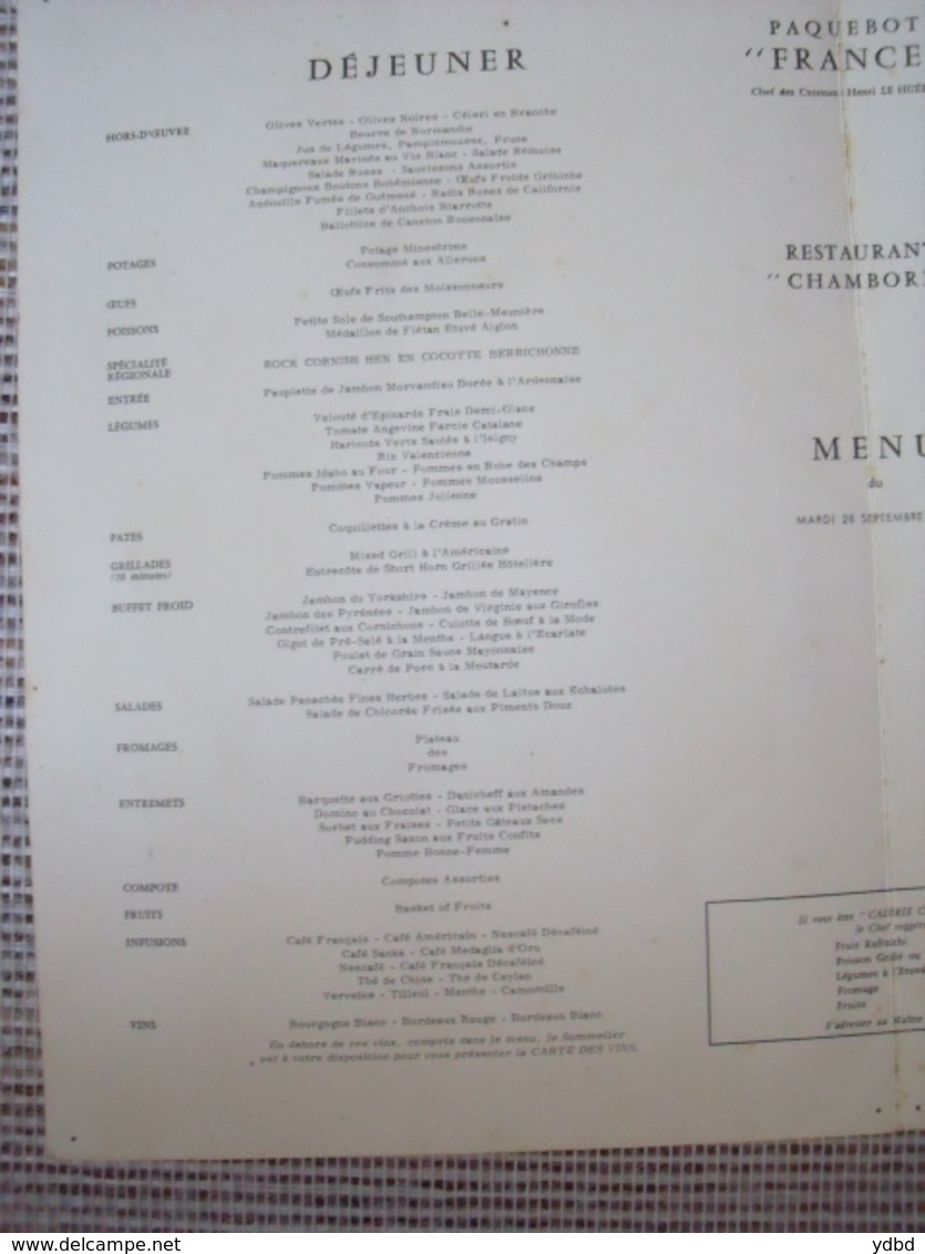 MENU =  PAQUEBOT  FRANCE  =  MENU DU MARDI 28 SEPTEMBRE 1971 - Autres & Non Classés