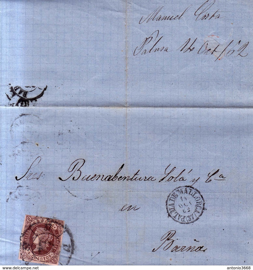 Año 1862 Edifil 58 4c Isabel II  Carta    Palma Matasellos  Rueda De Carreta 37 Baleares - Gebraucht