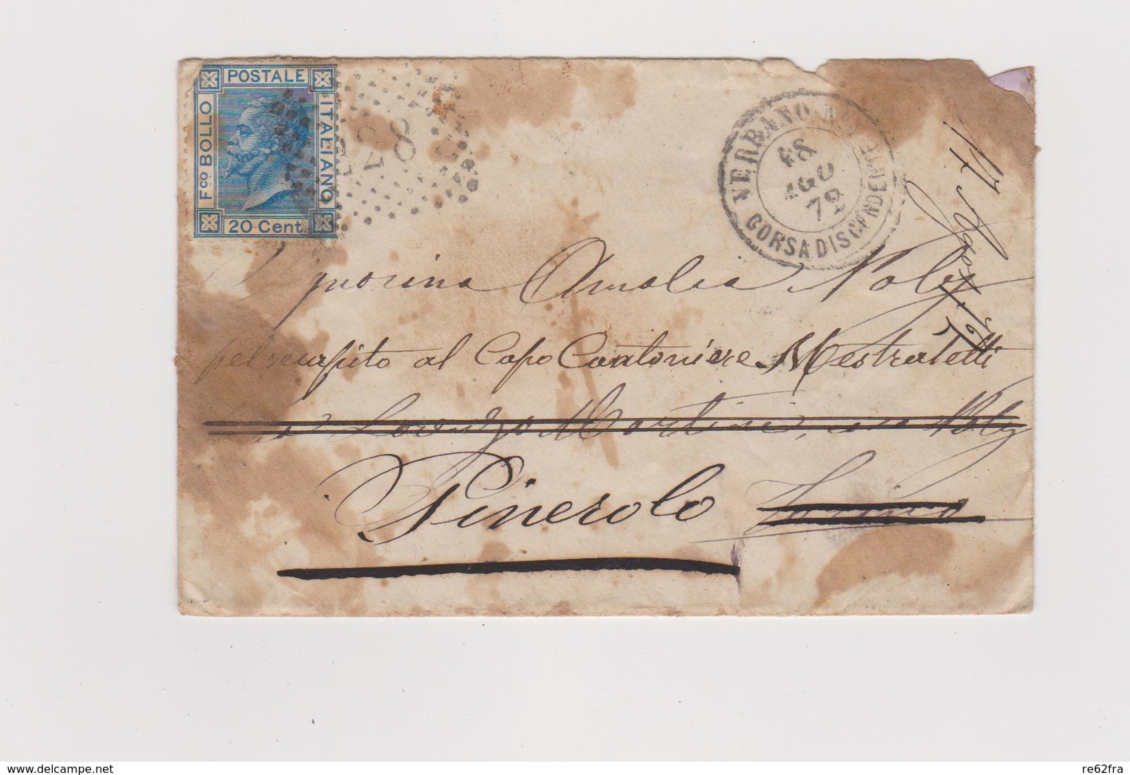 VERBANO-PINEROLO 18 AGO 1872, Timbro VERBANO N°1 CORSA DISCENDENTE, Numerale A Punti 228 (Servizi Lacuali) - Storia Postale