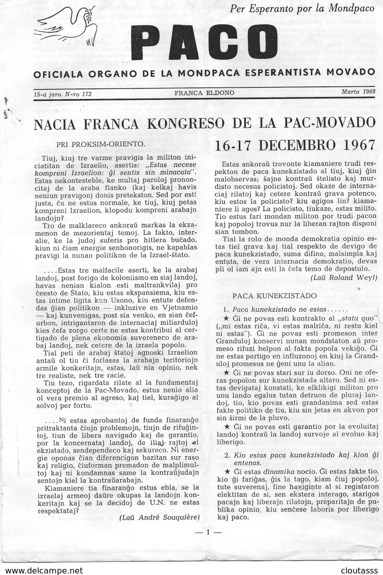 ESPERANTO)  PACO -OFFICIALA DE LA MONDPACA ESPERANTISTA MOVADO -N172 MARS 1968 -AVEC COURRIER  CONGRES Français - Cultura