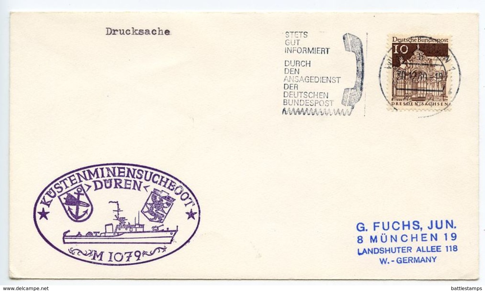 Germany, West 1969 M-1079 Düren Coastal Mine Sweeper Ship Cover - Covers & Documents