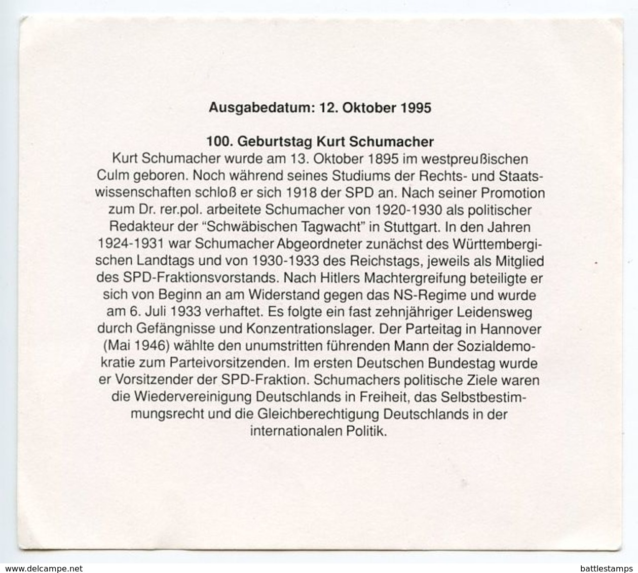Germany 1995 Scott 1907 Kurt Schumacher Commemorative Card - Covers & Documents