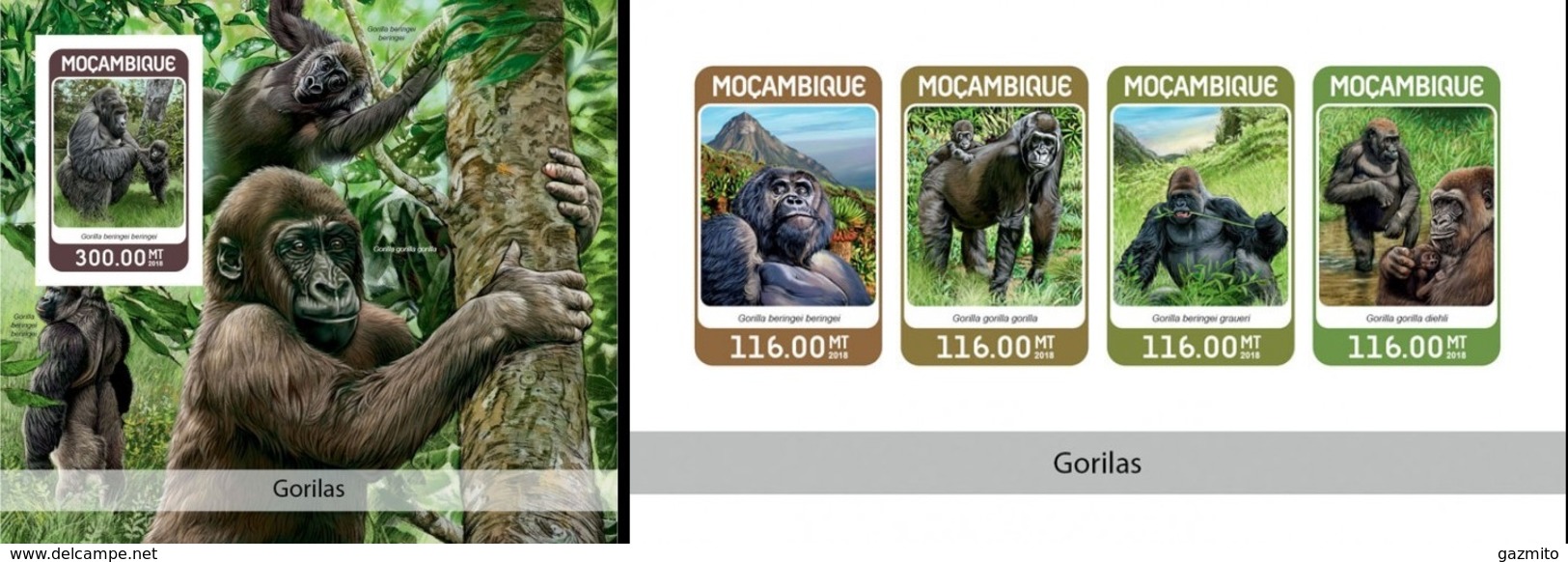 Mozambico 2018, Animals, Gorillas, 4val In BF +BF IMPERFORATED - Gorilles