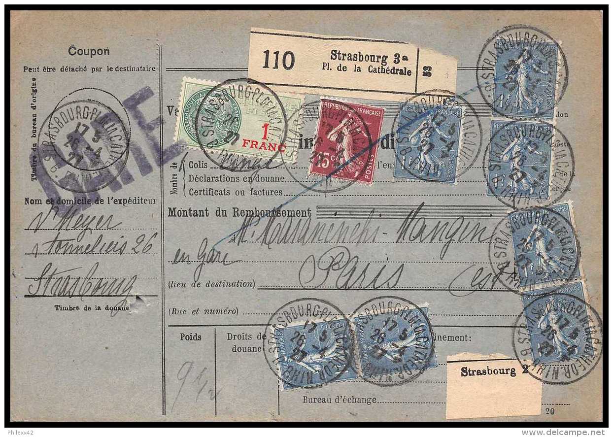 25234/ Bulletin D'expédition France Colis Postaux Fiscal Bas-Rhin Strasbourg 3 Pour Paris GARE 1927 Semeuse N°205 X 7 - Brieven & Documenten