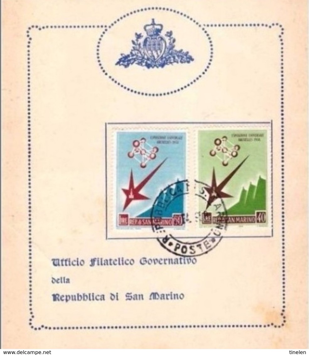 SAN MARINO  - 1958 FDC EXPO BRUXELLES SU CARTONCINO - 1958 – Bruxelles (Belgio)