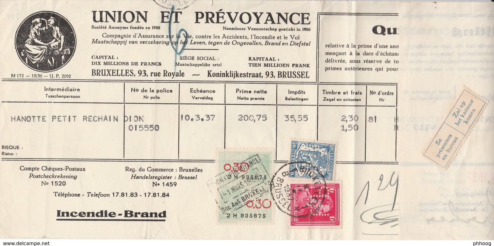 Quittance (pli) T.426 + 428 Perfo UP Obl BXL 1937 + Timbres Fiscaux (Union Et Prévoyance) - 1934-51