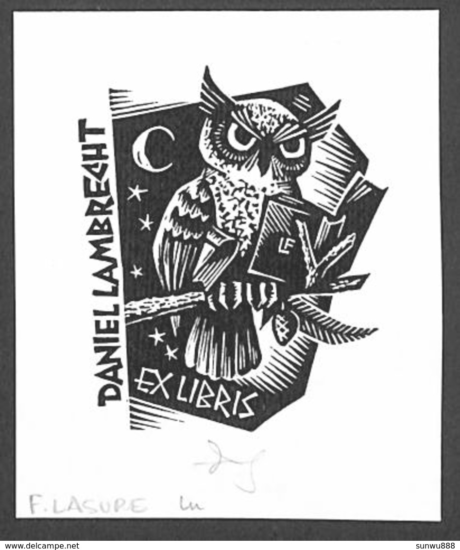 Ex-libris Illustration Hibou Livre Daniel Lambrecht (F. Lasure) - Ex-libris
