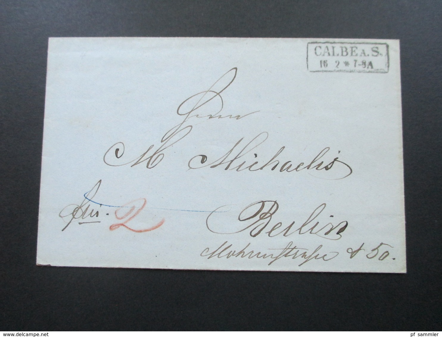 AD 1857 Rahmenstempel R2 Calbe A. S. Rotstift / Bartaxe Fabrik / Firmenbrief Raschke & Dingel - Saxony