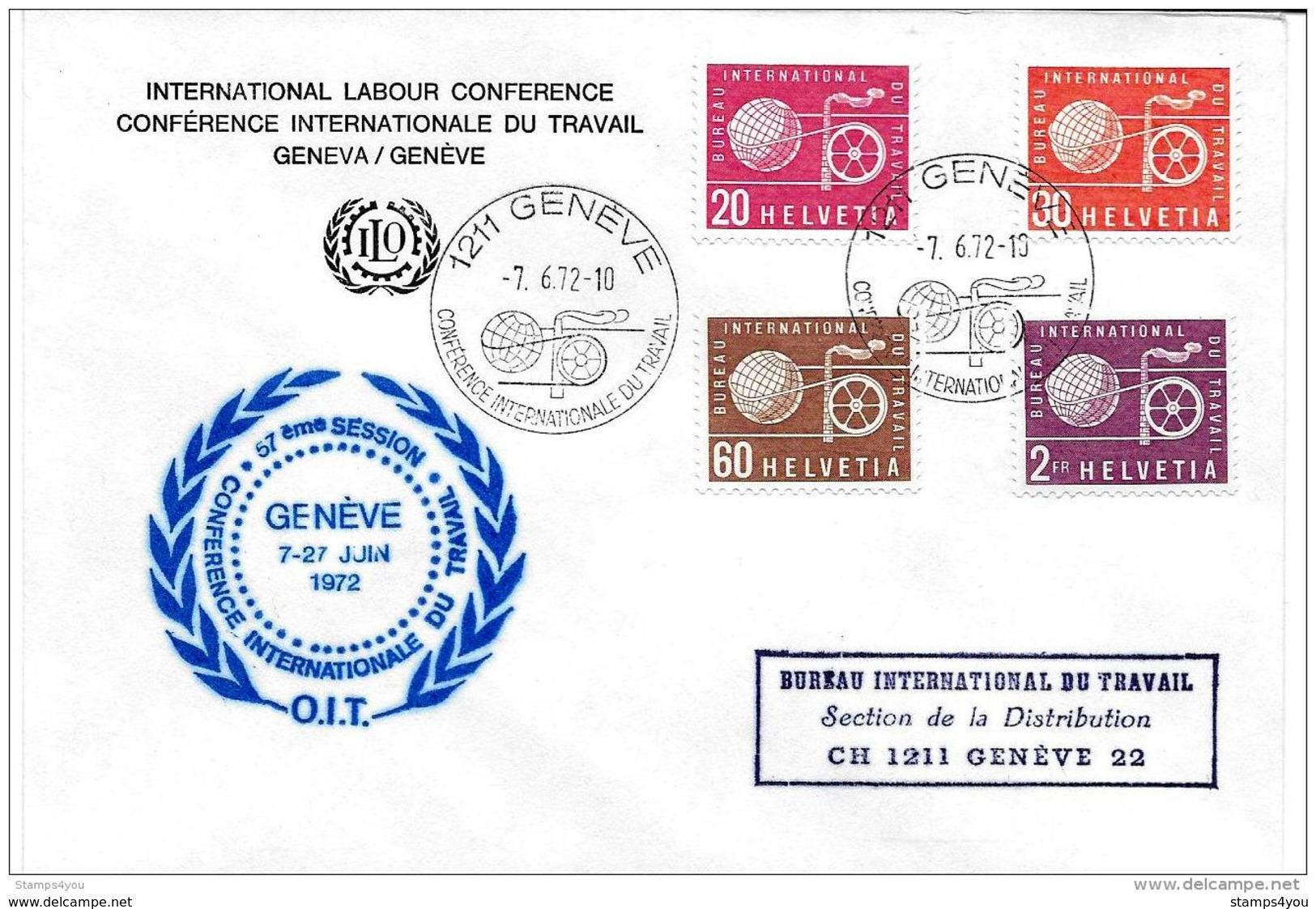 56 - 66 - Enveloppe Avec Timbres BIT Oblit Spéciale  Conférence Interna Travail 1972 - 57ème Session - ILO