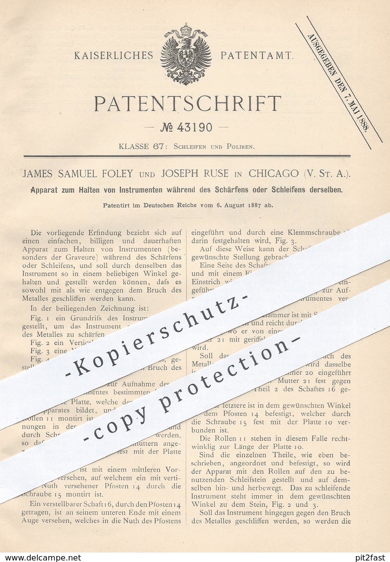 Original Patent - James Samuel Foley , Joseph Ruse , Chicago USA , 1887 , Halterung Beim Schleifen , Gravieren | Graveur - Historische Dokumente