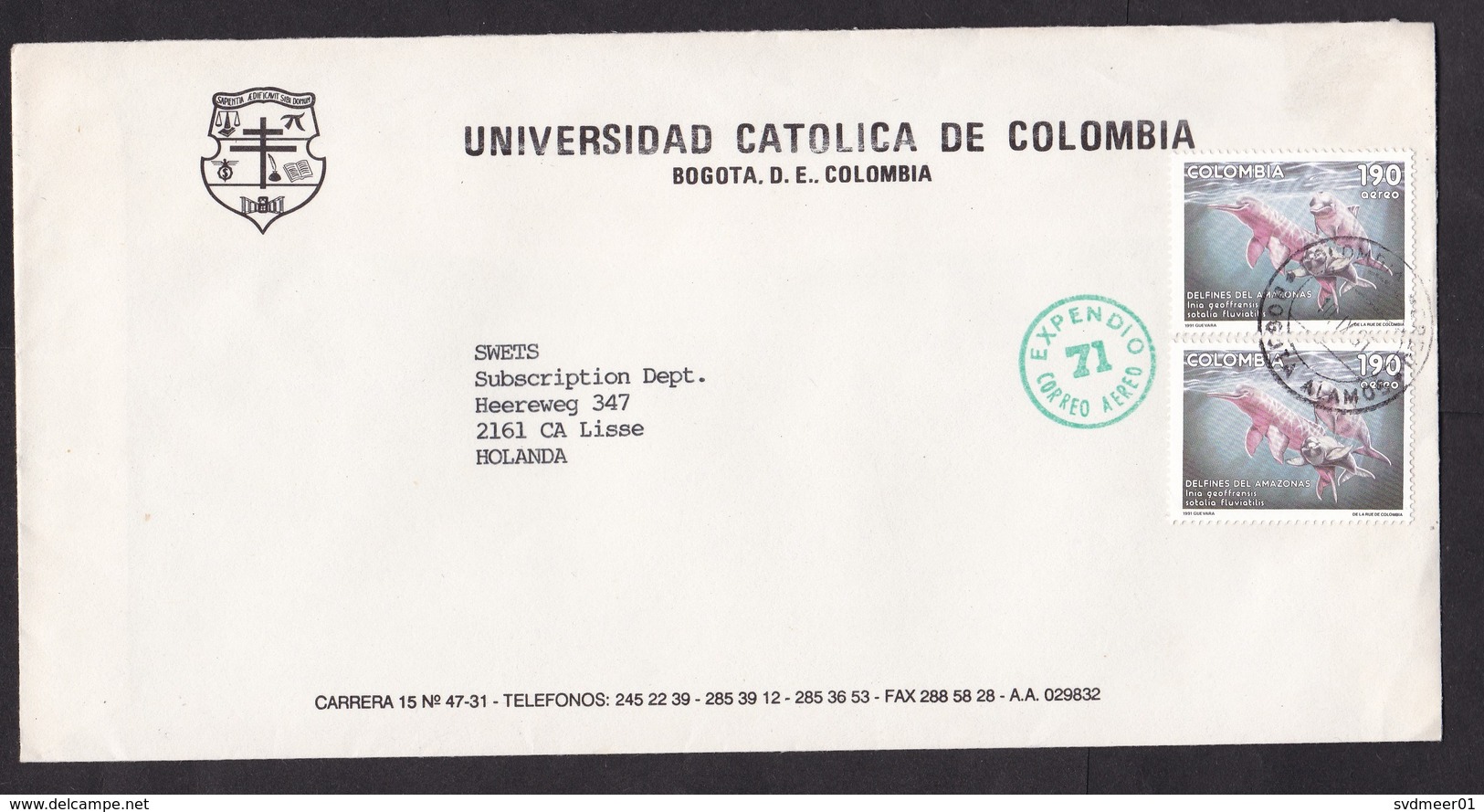 Colombia: Airmail Cover To Netherlands, 1991, 2 Stamps, Amazon River Dolphin, Animal, Rare Real Use (traces Of Use) - Colombia