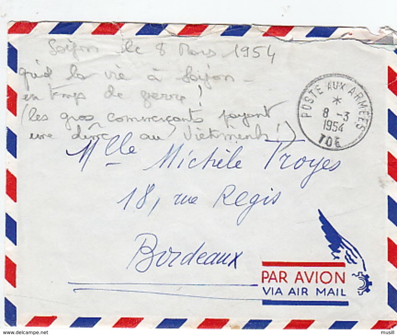 Colonel Troyes, Saigon (qui Fut Lieutenant Et Chef De Poste à Thanh-Thuy, Tonkin) . Lettre à Sa Fille. 08/03/1954 - Other & Unclassified