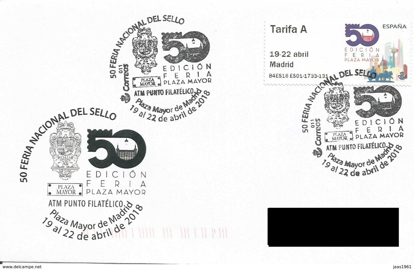 SPAIN. POSTMARK 50 NATIONAL STAMP FAIR. MADRID 2018. ATM. CIBELES. - Máquinas Franqueo (EMA)