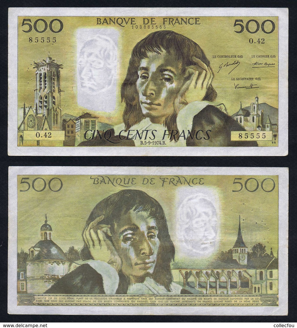 1974 Billet 500 Francs PASCAL B.5-9-1974.B. Série O.42. Numéro 85555. État : Voir Scans. Merci. - 500 F 1968-1993 ''Pascal''