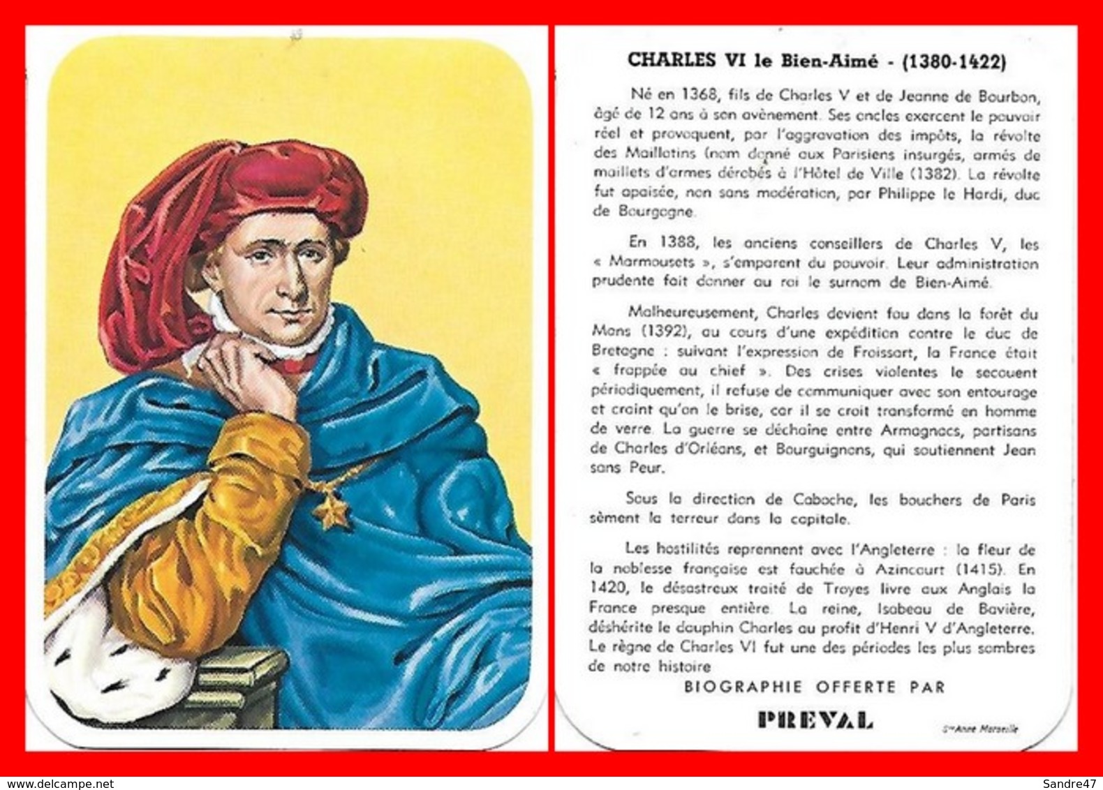 CHROMOS. Beurre PREVAL. Les Rois De France. Charles VI Le Bien-aimé ...G951 - Artis Historia