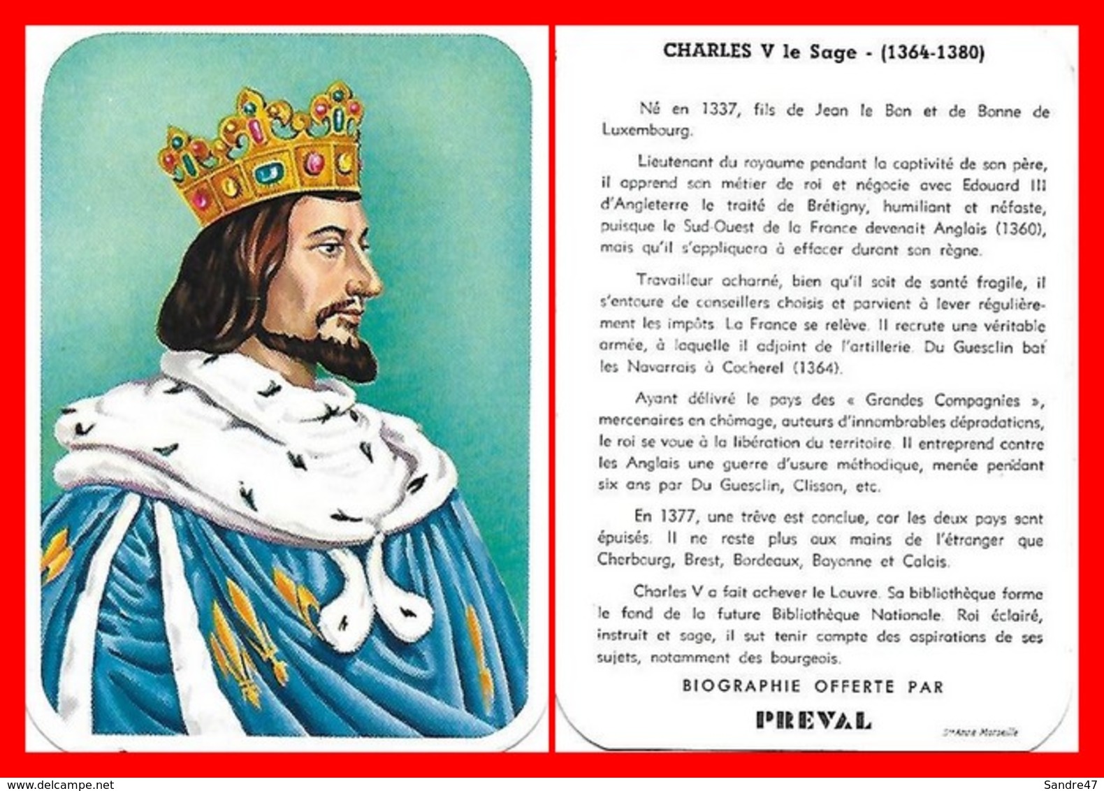CHROMOS. Beurre PREVAL. Les Rois De France. CHARLES V Le Sage...G483 - Artis Historia