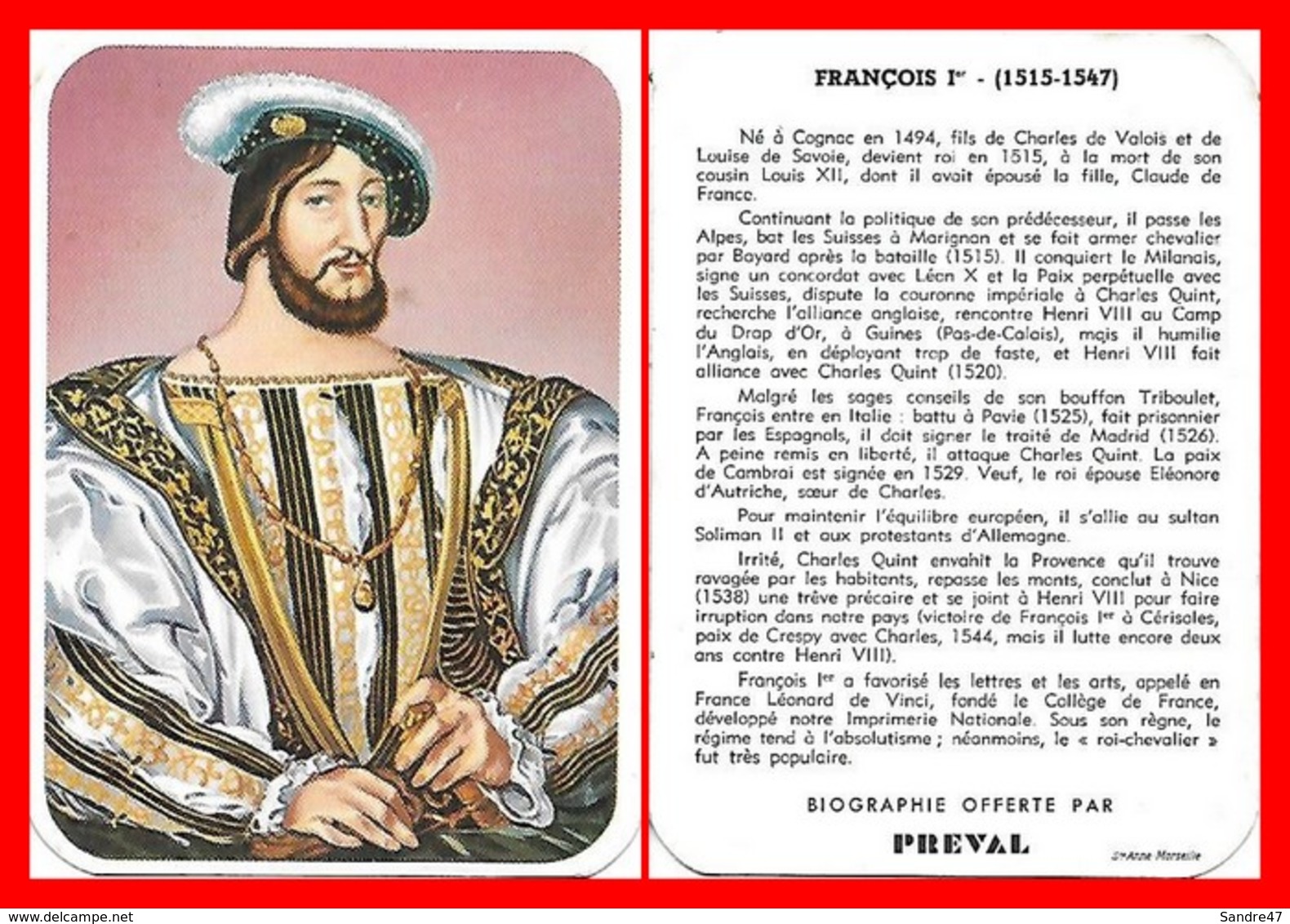 CHROMOS. Beurre PREVAL. Les Rois De France. FRANCOIS 1er...B130 - Artis Historia