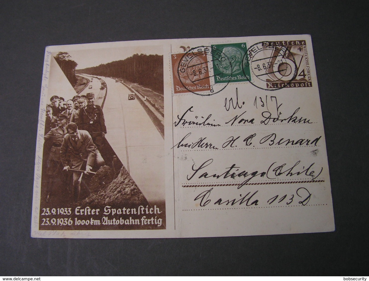 DR Bildkarte Adolf Am Spaten Used Nach Chile , Bug Mitte 1937 - Storia Postale